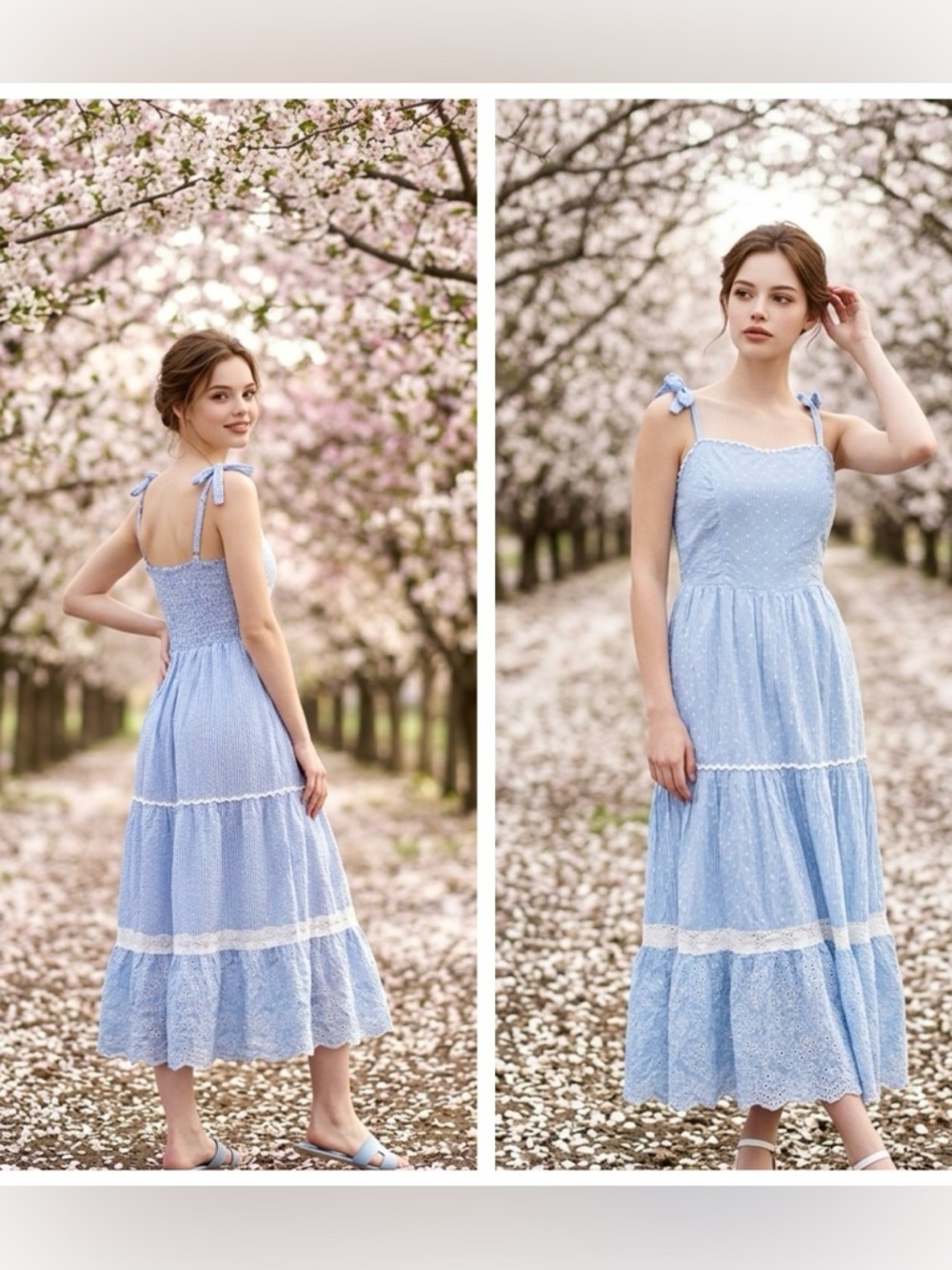 Shabby Chic Women Sz 6 Light Blue Polka Dot Tie-Shoulder Smock back Maxi Dress